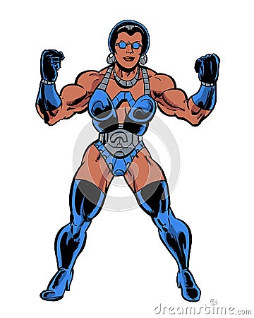 Comic book illustrated muscular woman flexing muscles Stock Photo