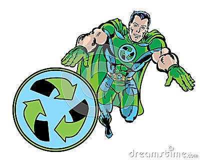 Comic book illustrated recycle green superhero flying with recycle symbol Stock Photo