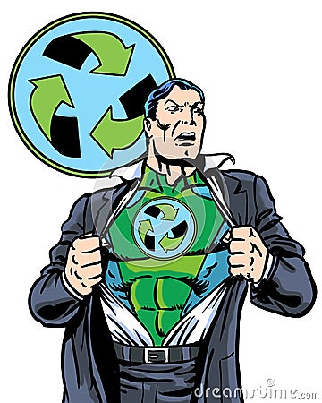 Comic book illustrated recycle green superhero removing his jacket Stock Photo
