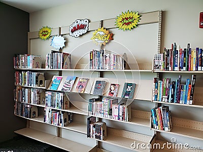 Comic book and manga display at a school Editorial Stock Photo