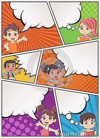 Comic book page with children talking. Vector Illustration