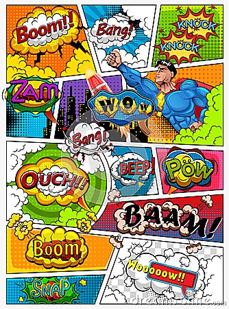 Comic book page divided by lines with speech bubbles, rocket, superhero and sounds effect. Retro background mock-up. Vector Illustration