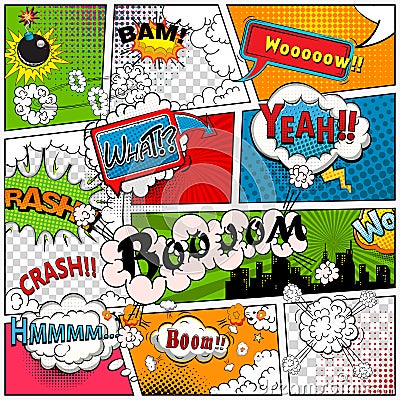 Comic book page divided by lines with speech bubbles, sounds effect. Retro background mock-up. Comics template. Vector Vector Illustration