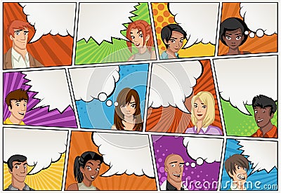 Comic book page with people talking. Comic strip background with speech bubbles. Vector Illustration