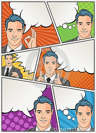 Comic book page with retro man talking. Comic strip background with speech bubbles. Vector Illustration