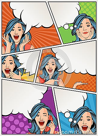 Comic book page with retro women talking. Comic strip background with speech bubbles. Vector Illustration
