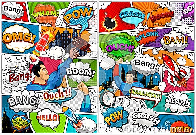 Comic book page template divided by lines with speech bubbles, rocket, superhero and sounds effect. Retro background mock-up. Vect Vector Illustration