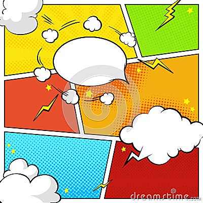 Comic book page template with halftone effects, speech bubbles Vector Illustration