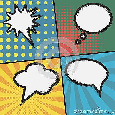 Comic book page template. Set of bubble speech at sunburst Vector Illustration