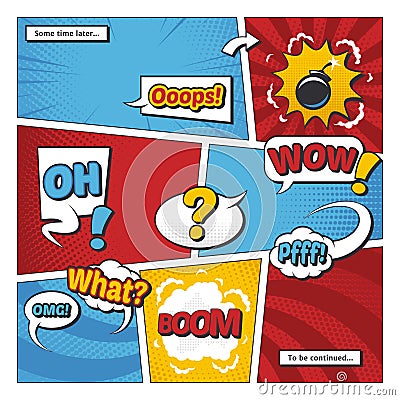 Comic book page vector template with cartoon elements and comic words in bubbles Vector Illustration