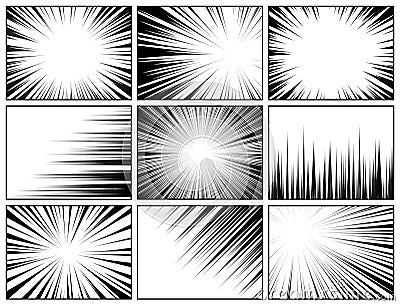 Comic book radial lines collection. Comics background with motion, speed lines. Vector illustration. Vector Illustration