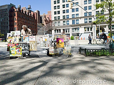 Comic book seller talking next to Flatiron building, new york Cartoon Illustration