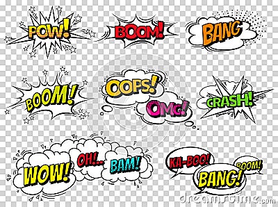 Comic book sound effect speech bubbles, expressions. Collection vector bubble icon speech phrase, cartoon exclusive font Vector Illustration