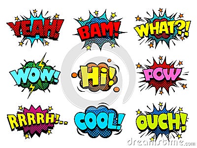 Comic book sound effect speech bubbles, marveling and enjoying expressions Vector Illustration