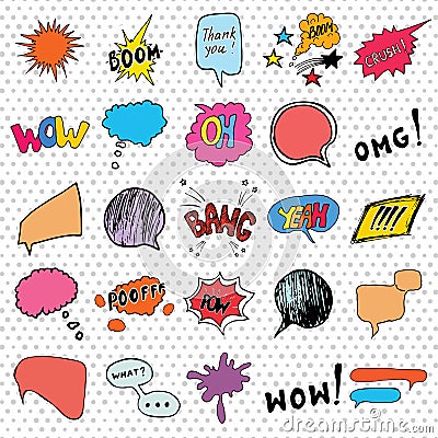 Comic book speech bubbles and cartoon sound effects set. Hand drawn pop art style signs vector illustration. Vector Illustration