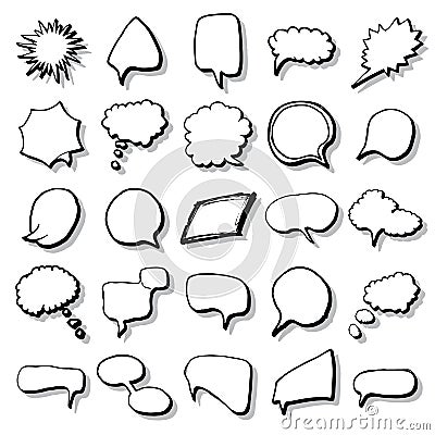 Comic book speech bubbles and cartoon sound effects set. Hand drawn pop art style signs vector illustration. Vector Illustration