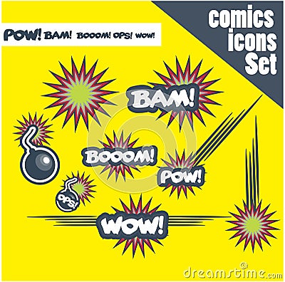 Comic book style bombs boom bam wow pow ops explode Stock Photo