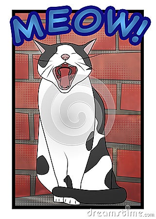 Comic Book Style Cat in Front of Brick Wall Cartoon Illustration