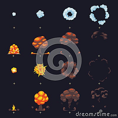 Comic boom blast explosion with flame and smoke fx animation frames sprites vector collection Vector Illustration