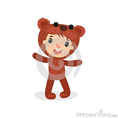 Comic boy or girl character in plush brown bear costume. Child wearing animal carnival jumpsuit. Flat vector design for Vector Illustration