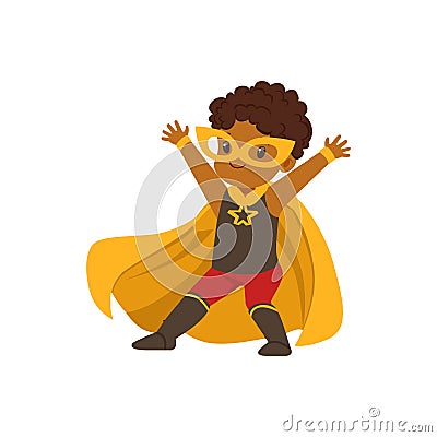 Comic brave black kid in superhero colorful Halloween costume with mask and developing in the wind yellow cape, posing Vector Illustration