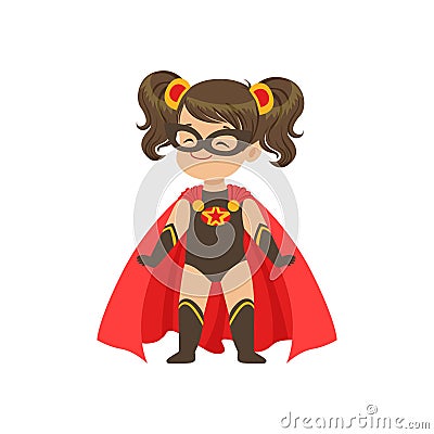 Comic brave girl kid in superhero black costume with star, mask and developing in the wind red cloak, standing on legs Vector Illustration