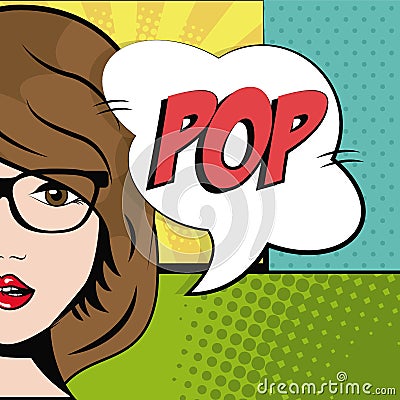 Comic brunette girl glasses bubble speech pop art Vector Illustration