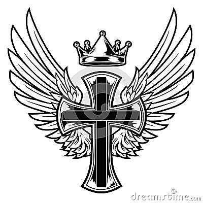 Christian Cross Wing Crown Vector Drawing Blak Vintage Wings Bird feather Tattoo Hawk Angel Wings 13 Stock Photo