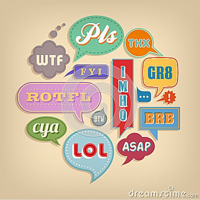 Comic bubbles with popular Acronyms & Abbreviations Vector Illustration