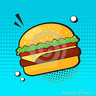 Comic burger vector icon, cartoon retro hamburger, american fast food poster in pop art style. Funny illustration Vector Illustration