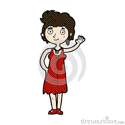 comic cartoon hippie woman waving Stock Photo