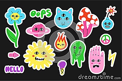 Comic characters sticker. Psychedelic 80s objects with faces, bright emoji, hand drawn text, flowers with eyes, heart, hippy sign Vector Illustration