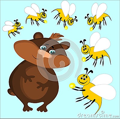 Bear and bees, on which the bees carry nectar or honey to the bear, gift, friendship, sweets Vector Illustration