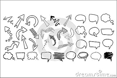 Comic collection of arrows and speech bubbles of various shapes. Cartoon dialog clouds with space for messages. Hand Vector Illustration