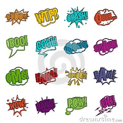 Comic colored sound icons doodle set Vector Illustration