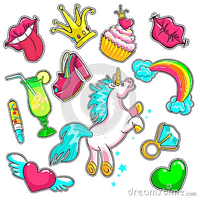 Comic Colorful Patches Set Vector Illustration