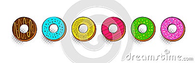 Comic donuts vector icon, cartoon doughnut set, colorful cake dessert. Food illustration Vector Illustration