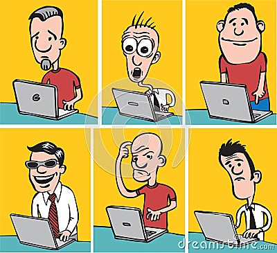 Comic doodle dudes with laptops Vector Illustration