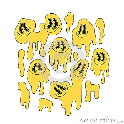 Comic dripping smiling faces set in pop art, graffiti style. Distorted faces, groovy vibes Vector Illustration