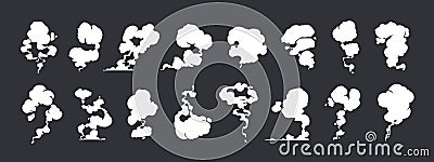 Comic dust effect. Cartoon smoke and steam trails sprite animation, cloud fume and puff motion game asset. Vector coffee Vector Illustration