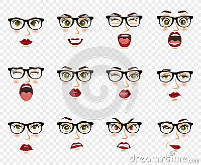 Comic emotions. Woman with glasses facial expressions, gestures, emotions happiness surprise disgust sadness rapture Vector Illustration