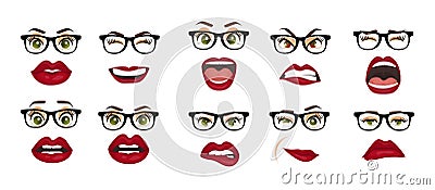 Comic emotions. Woman with glasses facial expressions, gestures, emotions happiness surprise disgust sadness rapture Vector Illustration