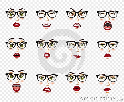 Comic emotions. Woman with glasses facial expressions, gestures, emotions happiness surprise disgust sadness rapture Vector Illustration