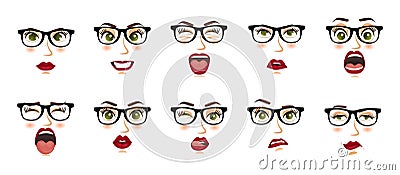 Comic emotions. Woman with glasses facial expressions, gestures, emotions happiness surprise disgust sadness rapture disappointmen Stock Photo