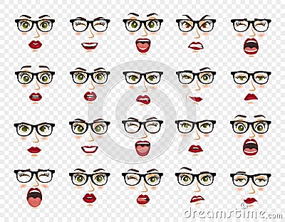 Comic emotions. Woman with glasses facial expressions, gestures, emotions happiness surprise disgust sadness rapture Vector Illustration