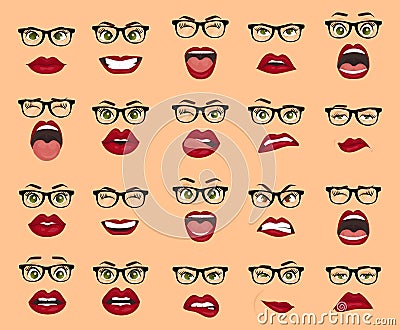 Comic emotions. Woman with glasses facial expressions, gestures, emotions happiness surprise disgust sadness rapture Vector Illustration