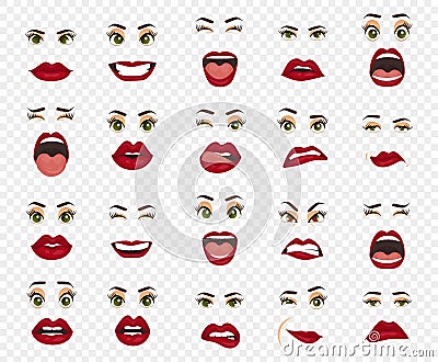 Comic emotions. Women facial expressions, gestures, emotions happiness surprise disgust sadness rapture disappointment Vector Illustration