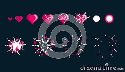 Comic explosion effects for emotion. Process steps for animation explosion of pink heart. Vector Illustration