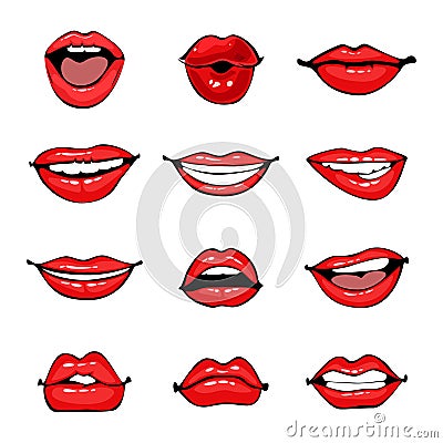 Comic female lips set. Colorful vector illustration in pop art retro comic style. Vector Illustration