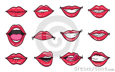 Comic female red lips set. Women mouth with lipstick in vintage comic style. Rop art retro illustration Vector Illustration